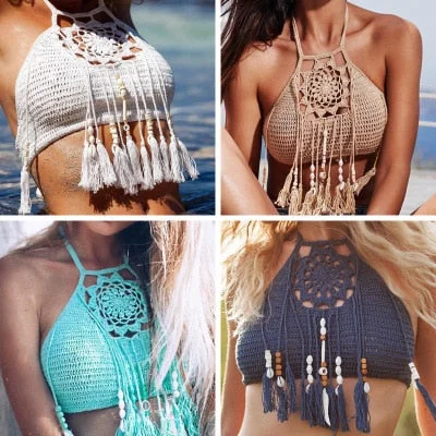 Sexy Women Push Up Tassel Bikini Top Boho Beach Swimwear